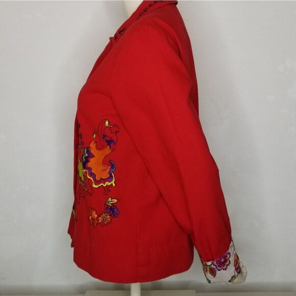 RUBY Rd. Womens Red Cotton Button Front Floral Lined Embroidered Collar Blazer - Picture 3 of 15